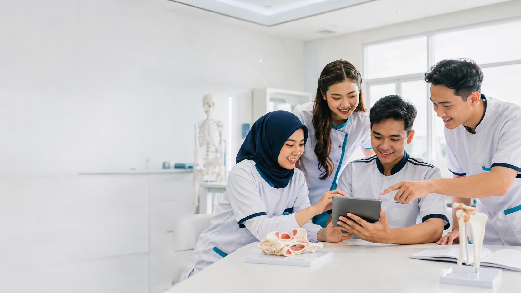 Mahasiswa kesehatan belajar bersama di laboratorium